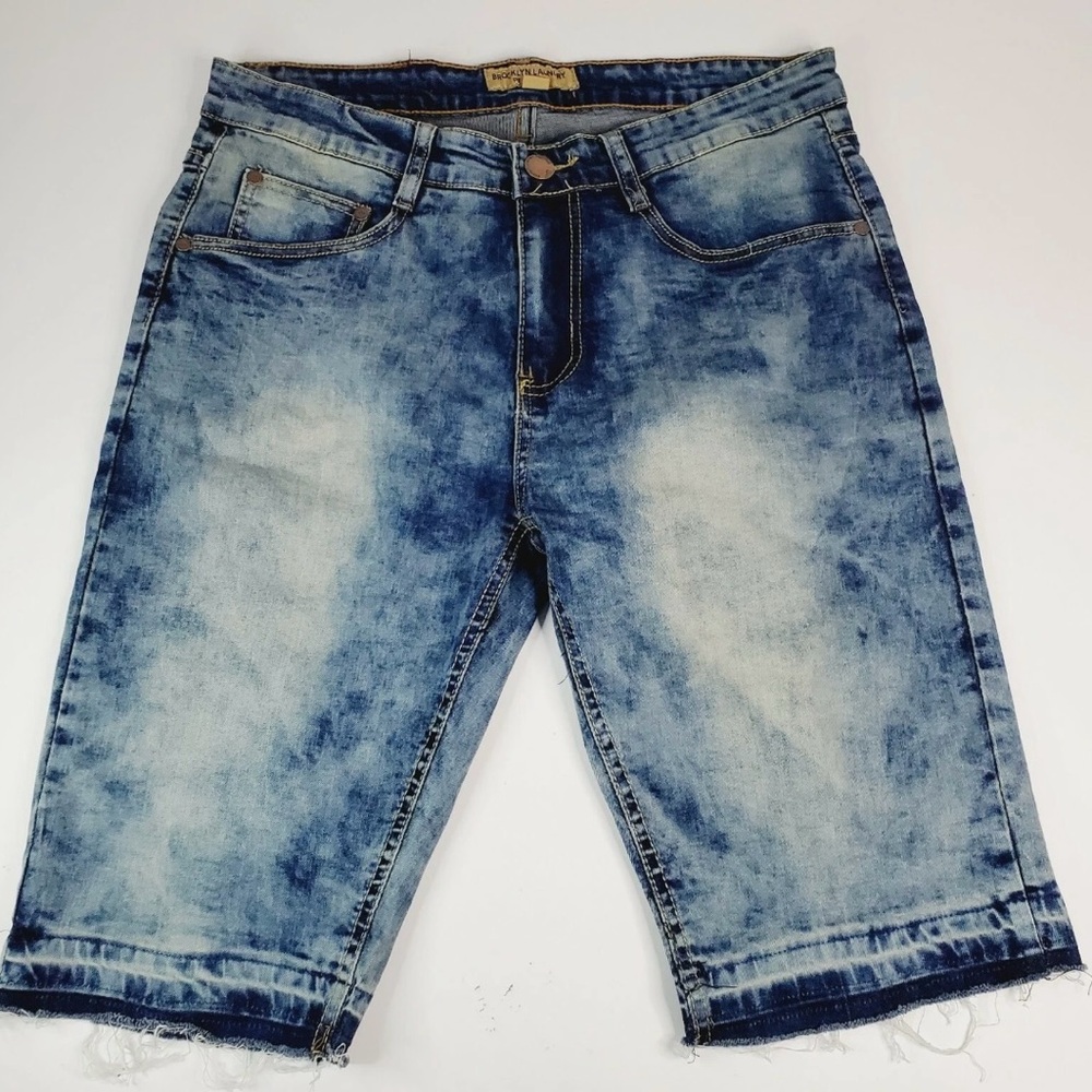 Blue Jean Shorts with Acid Wash and Knee-Length Cut